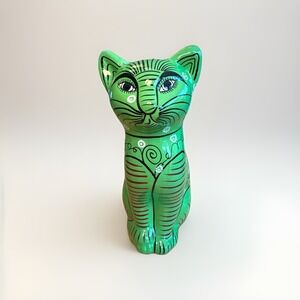 Vintage Cat Kitty Figurine Mexican Talavera Pottery Folk Art Hand Painted 8.5"
